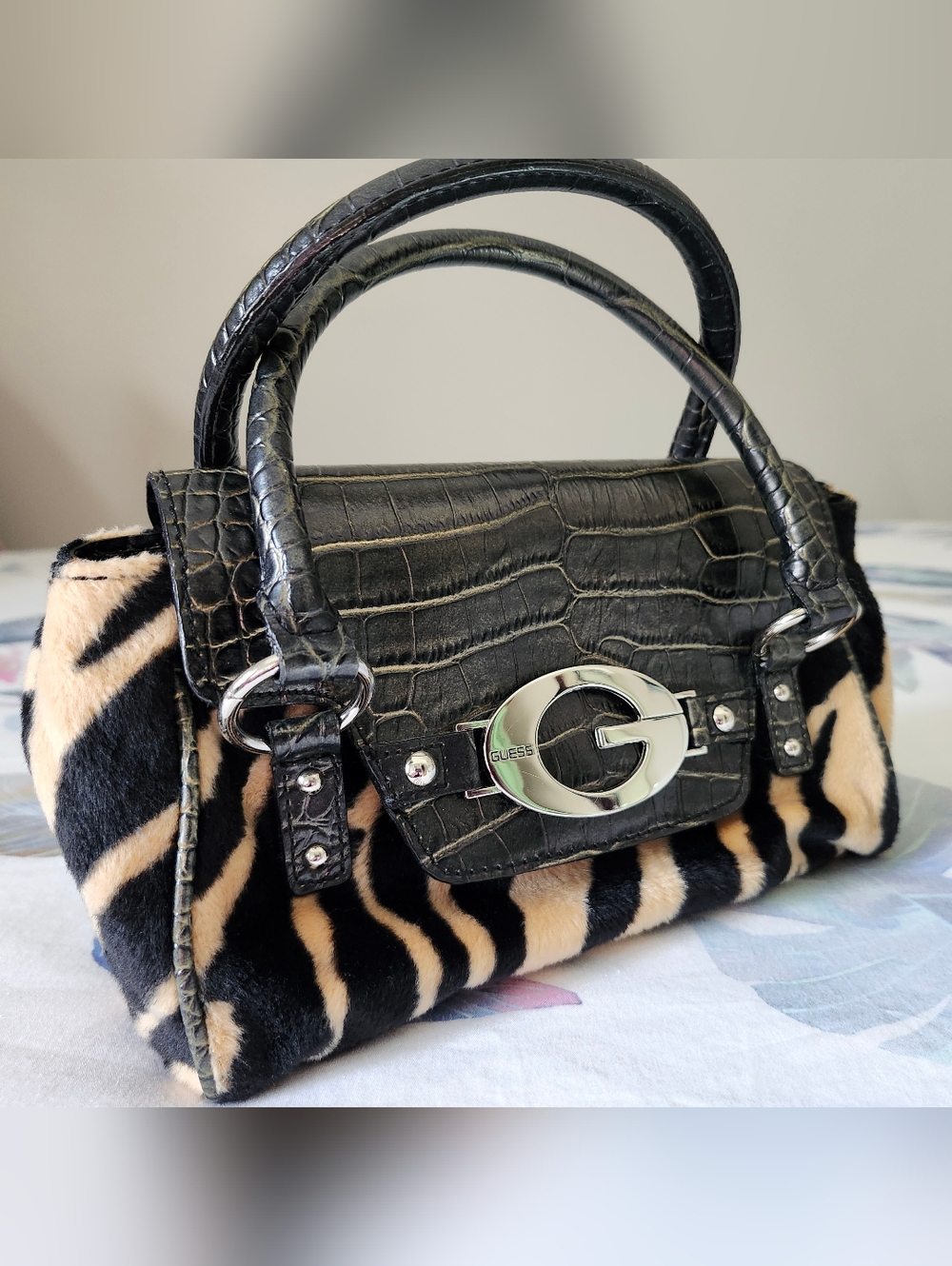 Guess faux fur animal print purse